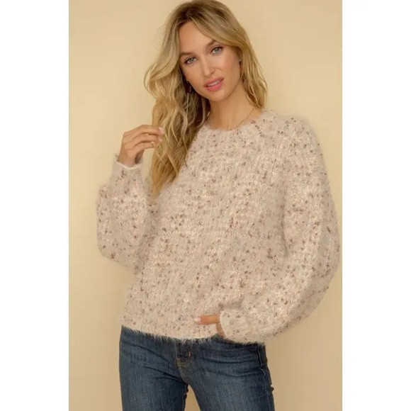 Hem & Thread Oatmeal Confetti Speckled Eyelash Sweater with Bishop Sleev… - Picture 2 of 14